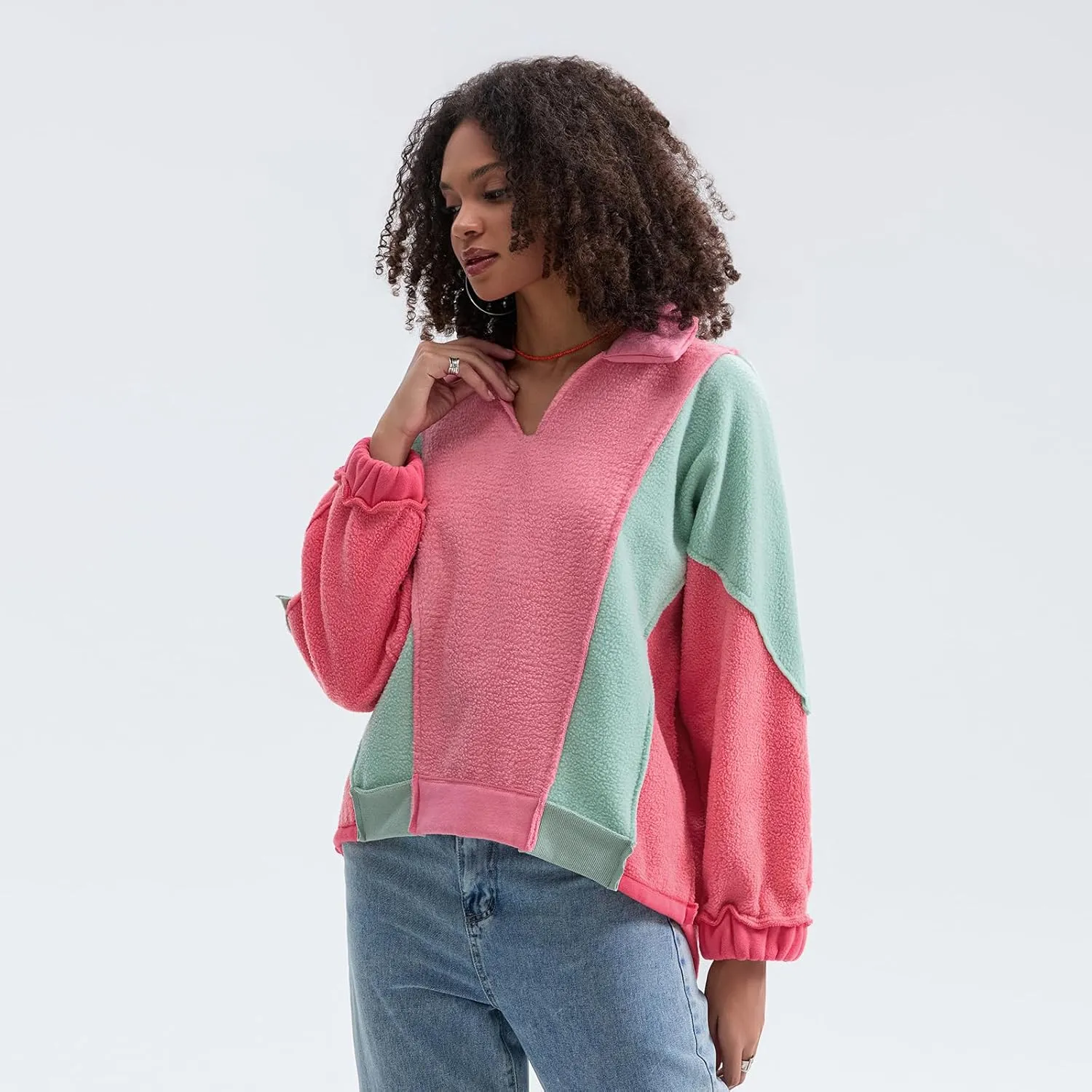 Yuemengxuan Womens Oversized Sweatshirts V-Neck Fleece Hoodies Tops Colorblock Pullover Sweaters Y2k Warm Fall Outfits