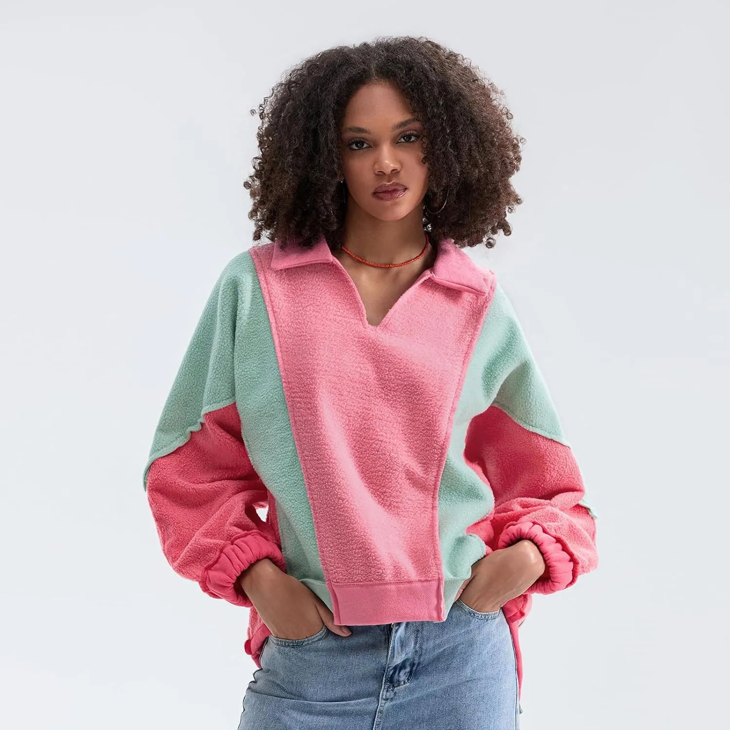 Yuemengxuan Womens Oversized Sweatshirts V-Neck Fleece Hoodies Tops Colorblock Pullover Sweaters Y2k Warm Fall Outfits