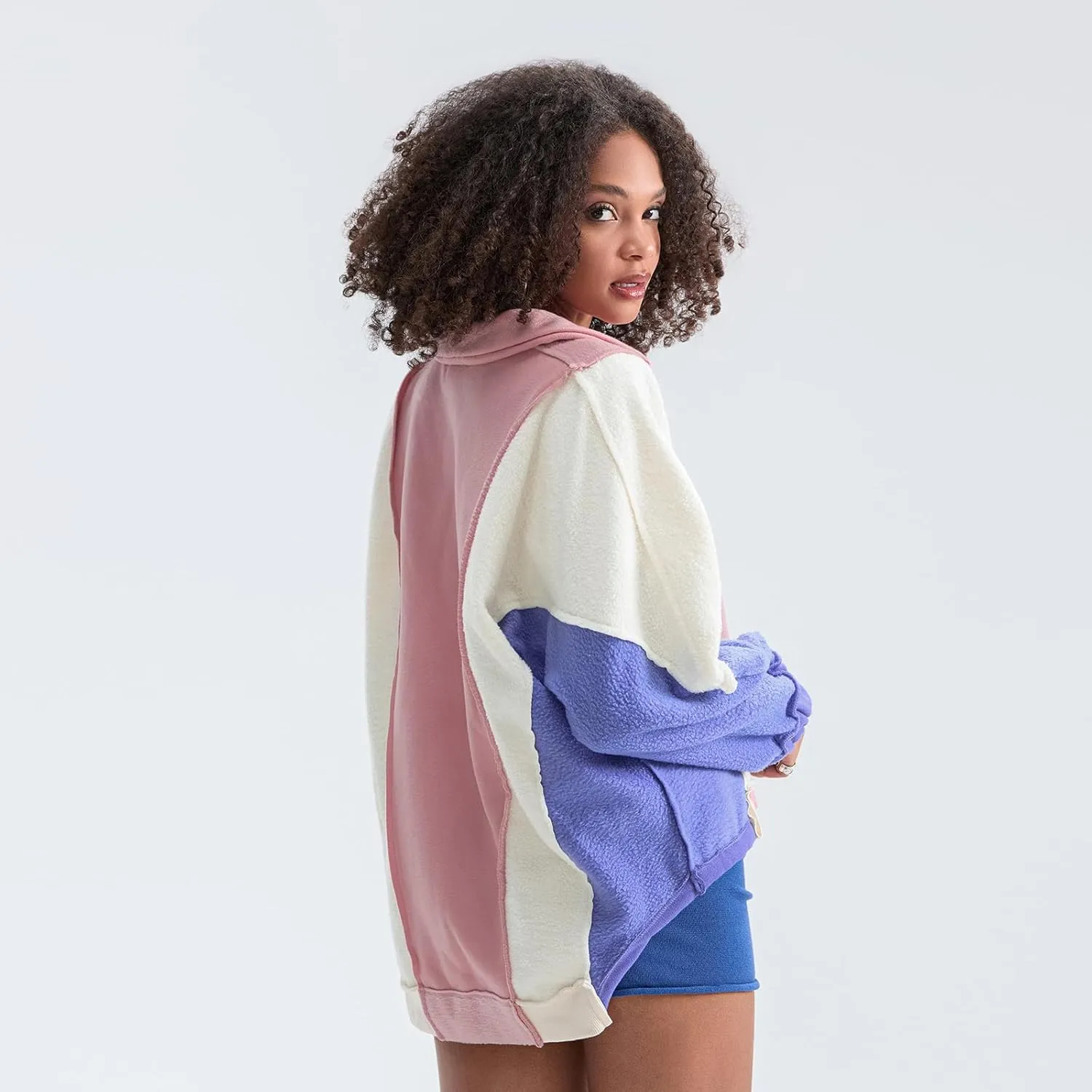 Yuemengxuan Womens Oversized Sweatshirts V-Neck Fleece Hoodies Tops Colorblock Pullover Sweaters Y2k Warm Fall Outfits