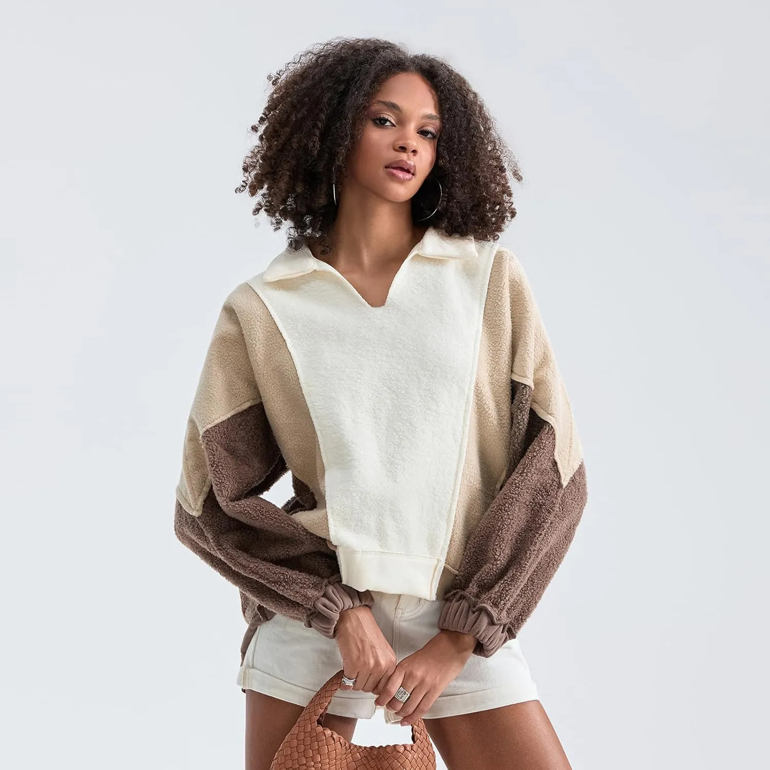 Yuemengxuan Womens Oversized Sweatshirts V-Neck Fleece Hoodies Tops Colorblock Pullover Sweaters Y2k Warm Fall Outfits