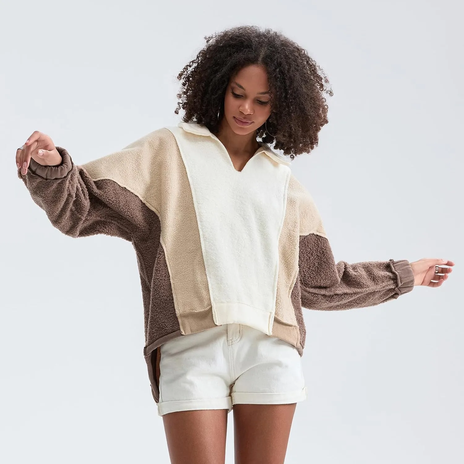 Yuemengxuan Womens Oversized Sweatshirts V-Neck Fleece Hoodies Tops Colorblock Pullover Sweaters Y2k Warm Fall Outfits