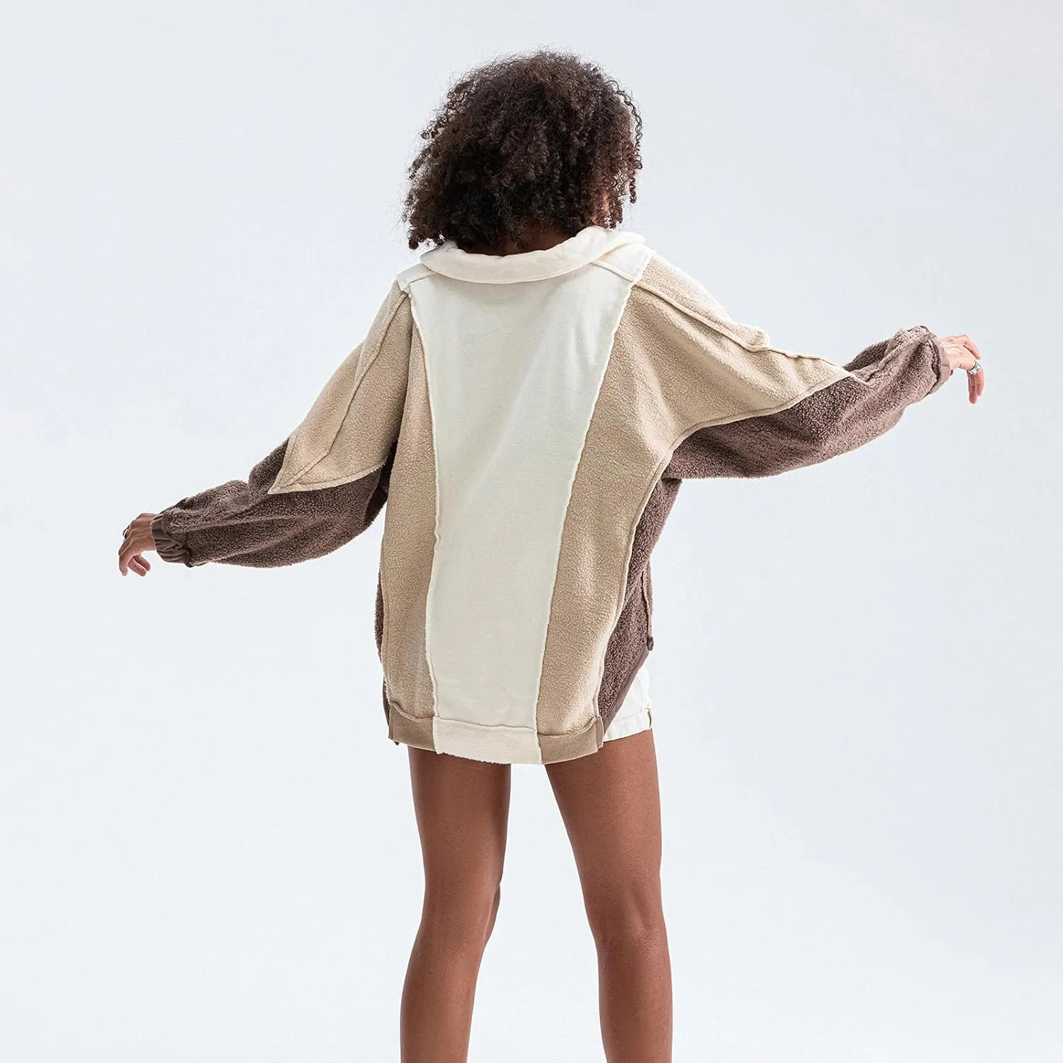 Yuemengxuan Womens Oversized Sweatshirts V-Neck Fleece Hoodies Tops Colorblock Pullover Sweaters Y2k Warm Fall Outfits