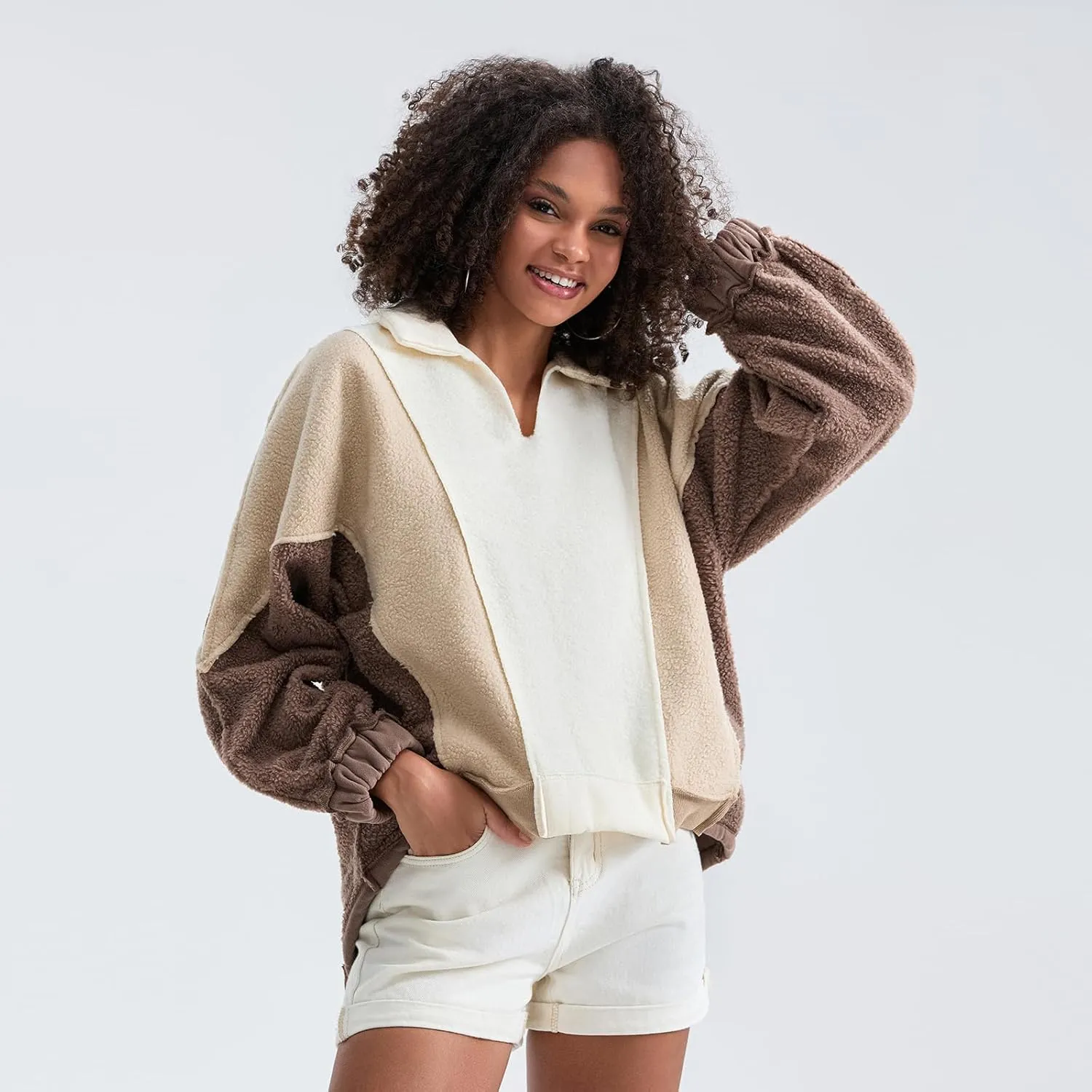 Yuemengxuan Womens Oversized Sweatshirts V-Neck Fleece Hoodies Tops Colorblock Pullover Sweaters Y2k Warm Fall Outfits