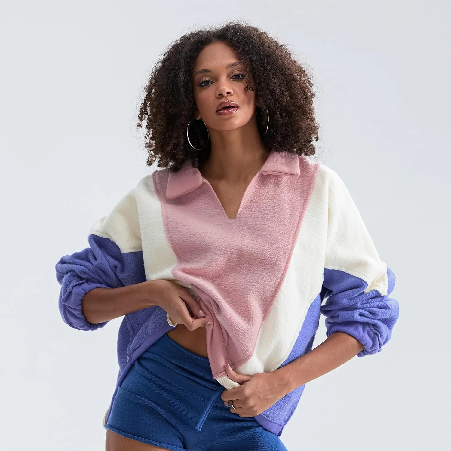 Yuemengxuan Womens Oversized Sweatshirts V-Neck Fleece Hoodies Tops Colorblock Pullover Sweaters Y2k Warm Fall Outfits