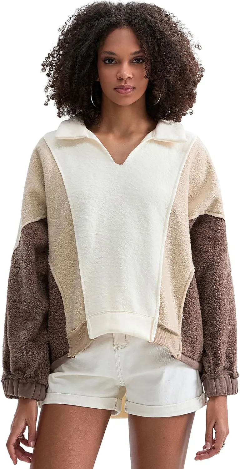 Yuemengxuan Womens Oversized Sweatshirts V-Neck Fleece Hoodies Tops Colorblock Pullover Sweaters Y2k Warm Fall Outfits