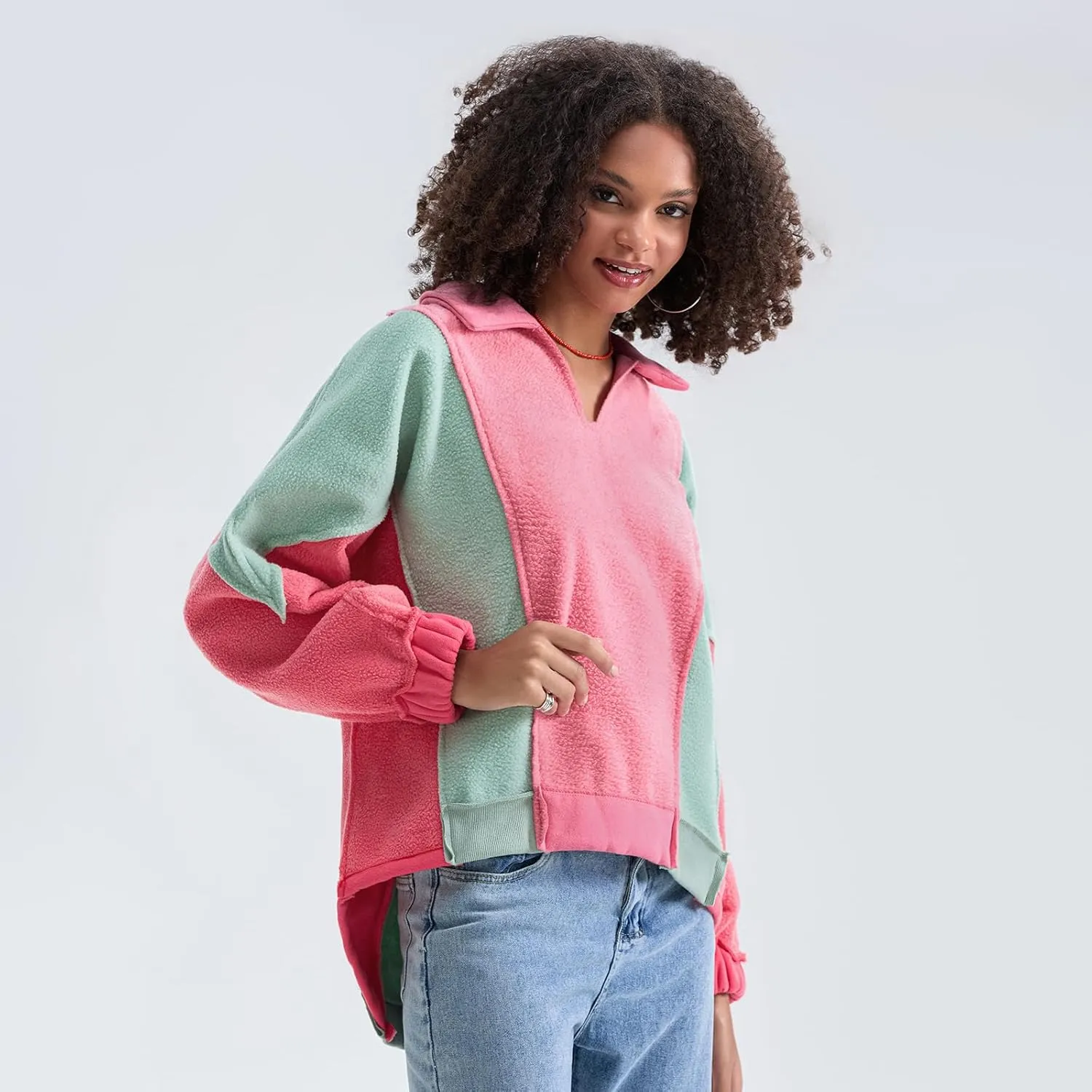 Yuemengxuan Womens Oversized Sweatshirts V-Neck Fleece Hoodies Tops Colorblock Pullover Sweaters Y2k Warm Fall Outfits