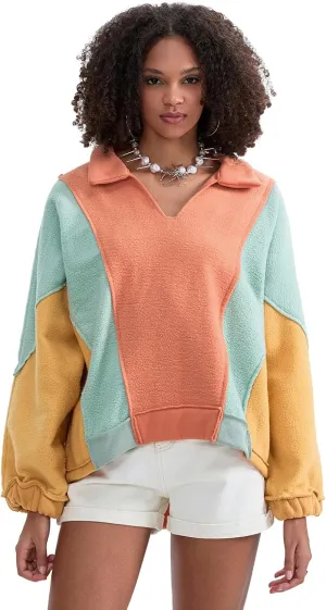 Yuemengxuan Womens Oversized Sweatshirts V-Neck Fleece Hoodies Tops Colorblock Pullover Sweaters Y2k Warm Fall Outfits