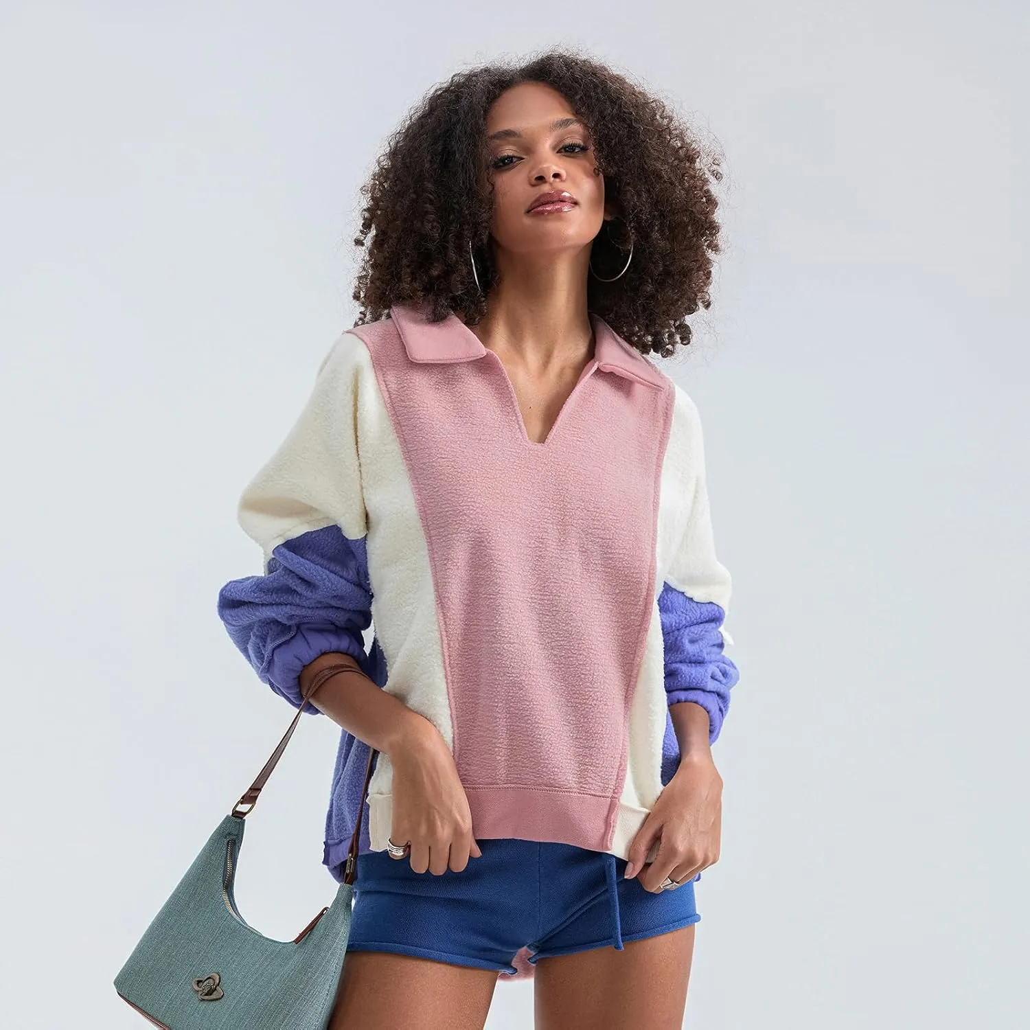 Yuemengxuan Womens Oversized Sweatshirts V-Neck Fleece Hoodies Tops Colorblock Pullover Sweaters Y2k Warm Fall Outfits