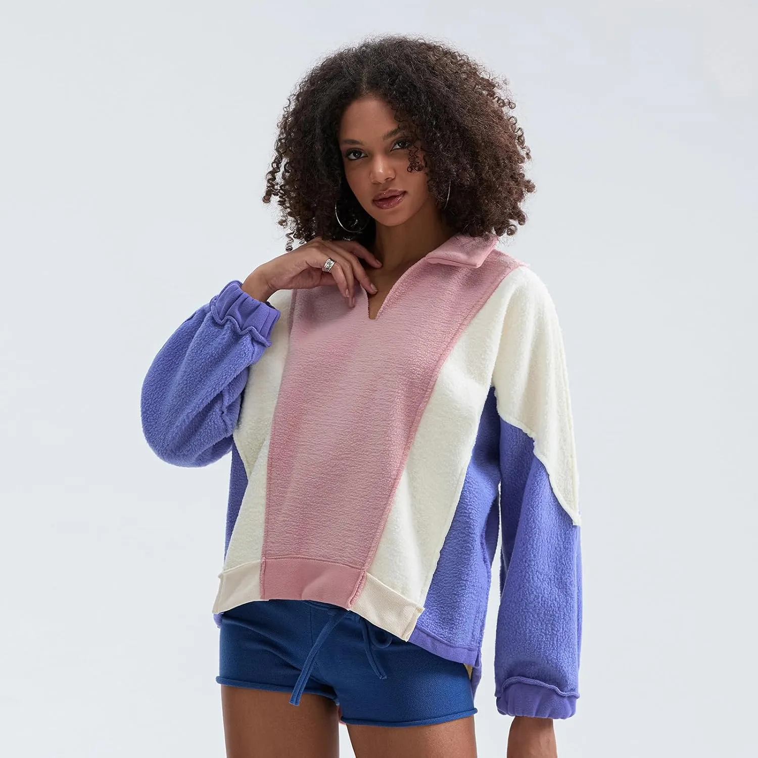 Yuemengxuan Womens Oversized Sweatshirts V-Neck Fleece Hoodies Tops Colorblock Pullover Sweaters Y2k Warm Fall Outfits