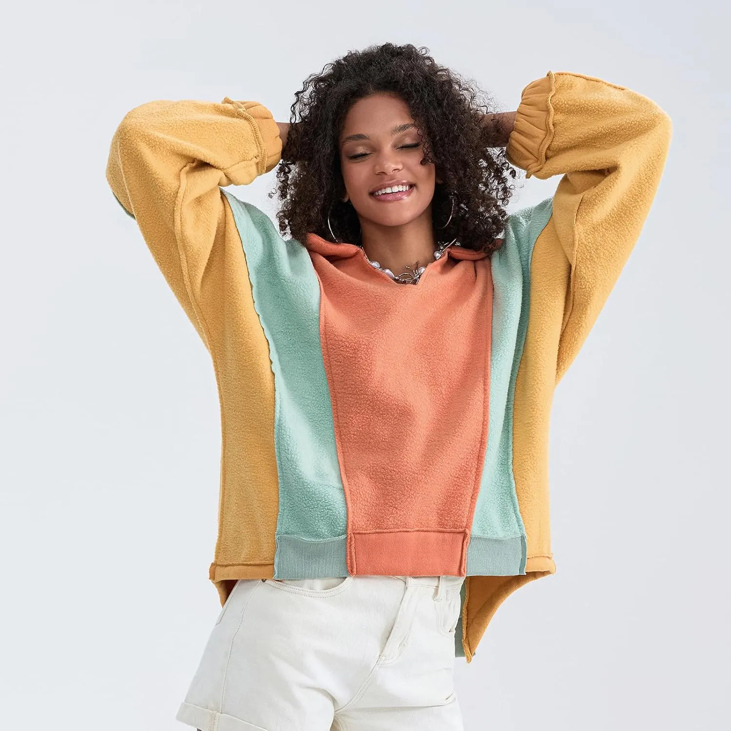 Yuemengxuan Womens Oversized Sweatshirts V-Neck Fleece Hoodies Tops Colorblock Pullover Sweaters Y2k Warm Fall Outfits