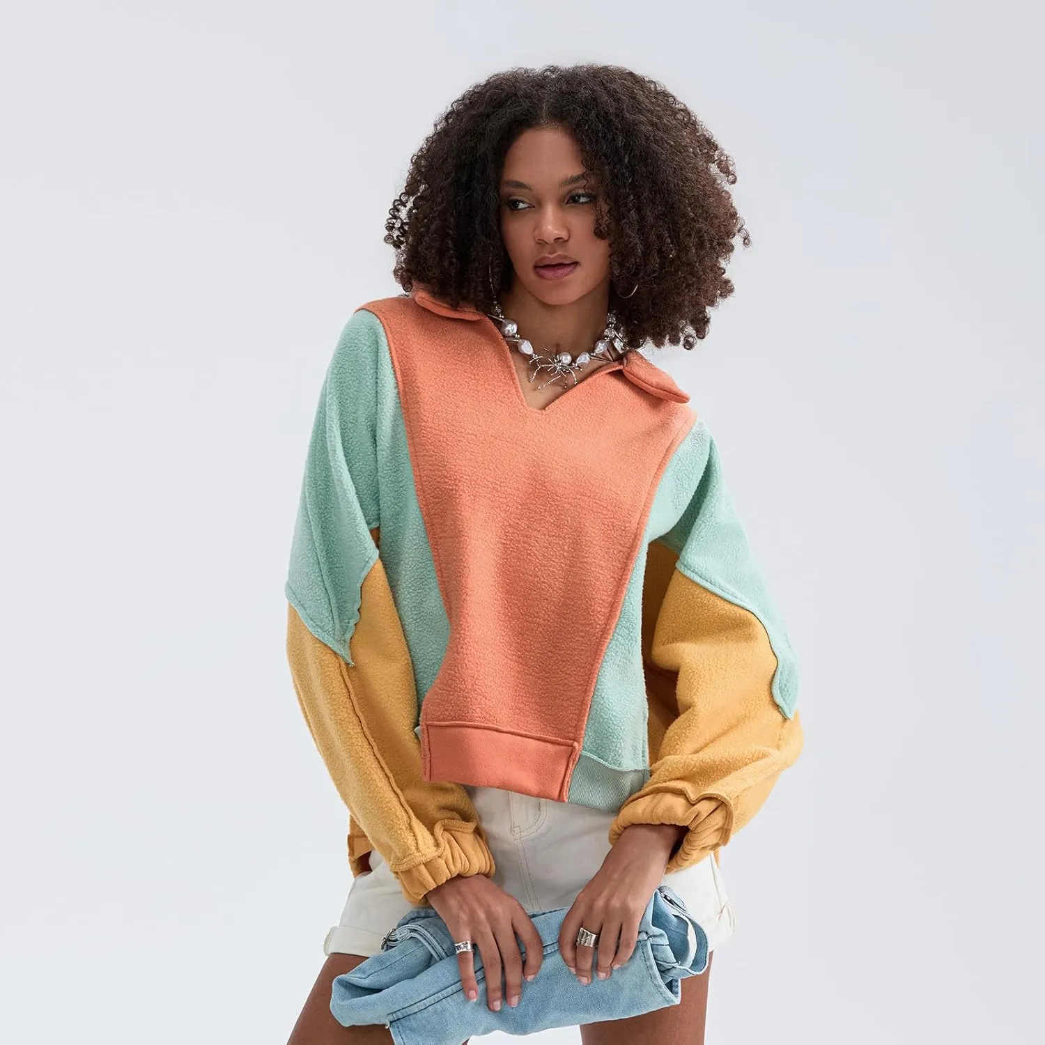 Yuemengxuan Womens Oversized Sweatshirts V-Neck Fleece Hoodies Tops Colorblock Pullover Sweaters Y2k Warm Fall Outfits