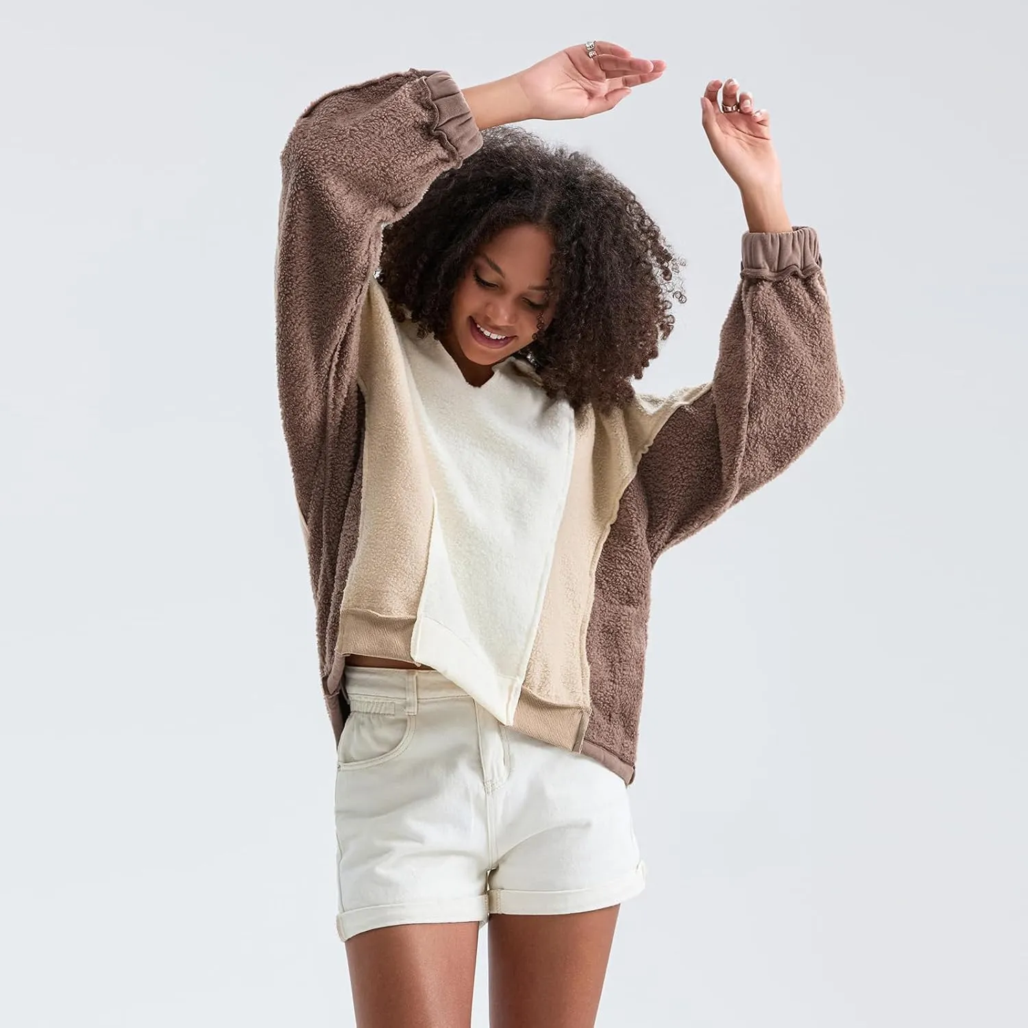 Yuemengxuan Womens Oversized Sweatshirts V-Neck Fleece Hoodies Tops Colorblock Pullover Sweaters Y2k Warm Fall Outfits
