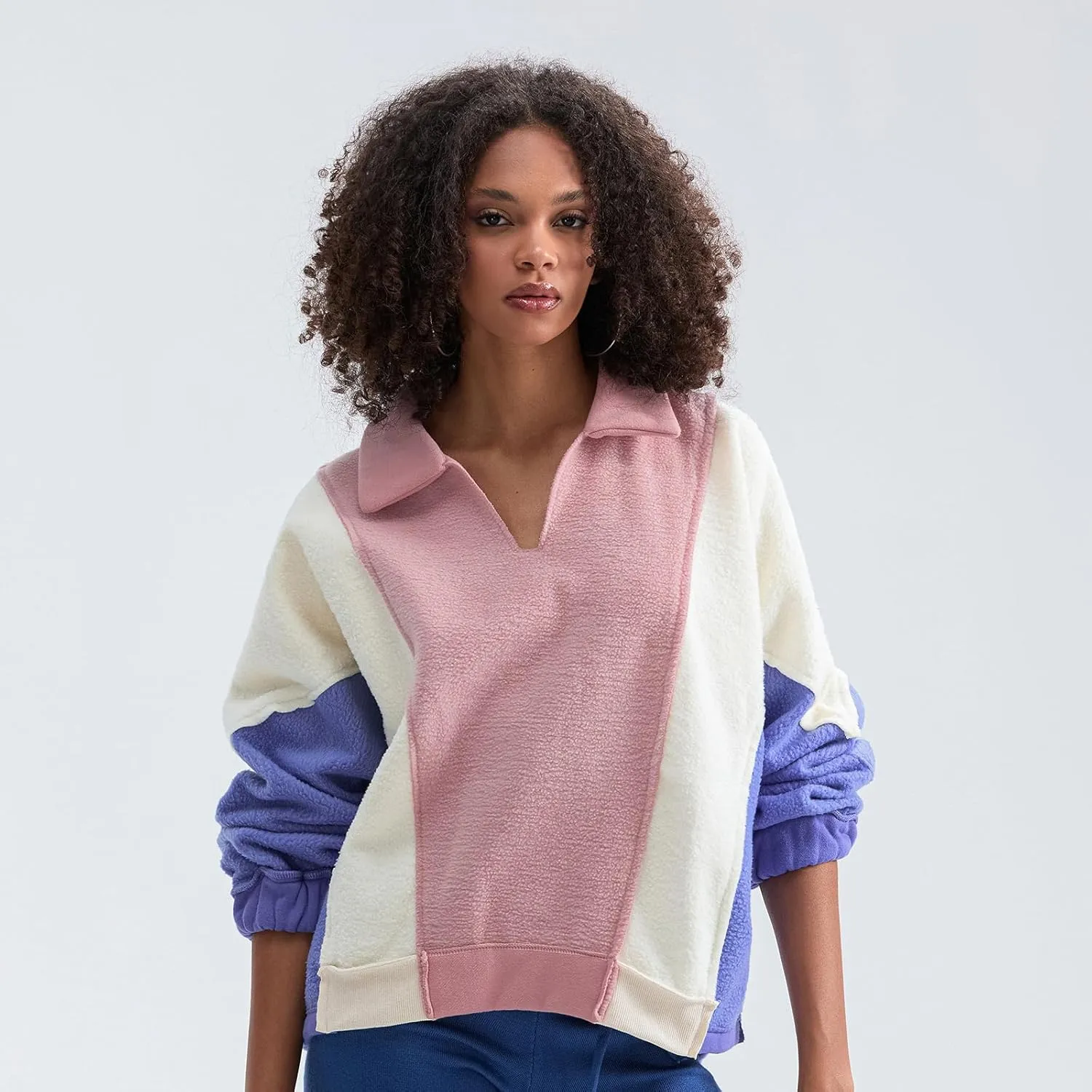 Yuemengxuan Womens Oversized Sweatshirts V-Neck Fleece Hoodies Tops Colorblock Pullover Sweaters Y2k Warm Fall Outfits