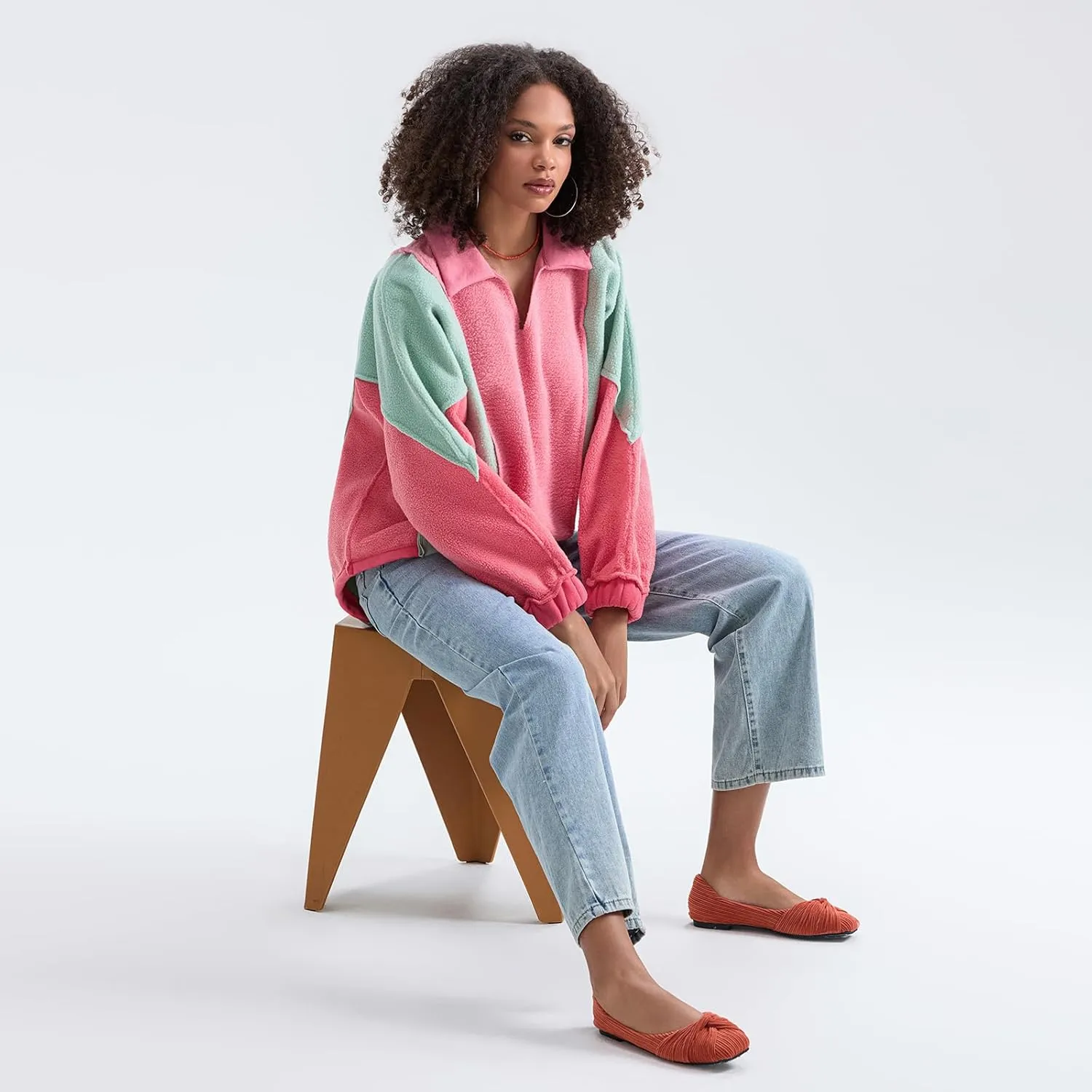 Yuemengxuan Womens Oversized Sweatshirts V-Neck Fleece Hoodies Tops Colorblock Pullover Sweaters Y2k Warm Fall Outfits