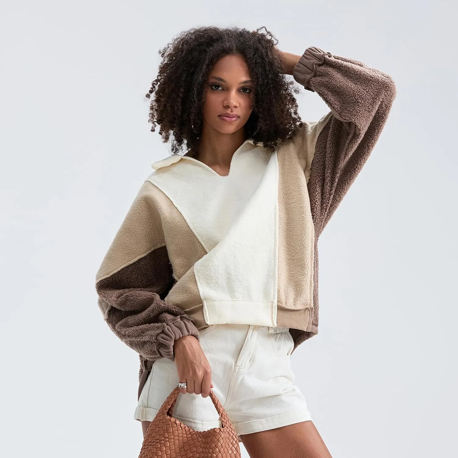Yuemengxuan Womens Oversized Sweatshirts V-Neck Fleece Hoodies Tops Colorblock Pullover Sweaters Y2k Warm Fall Outfits