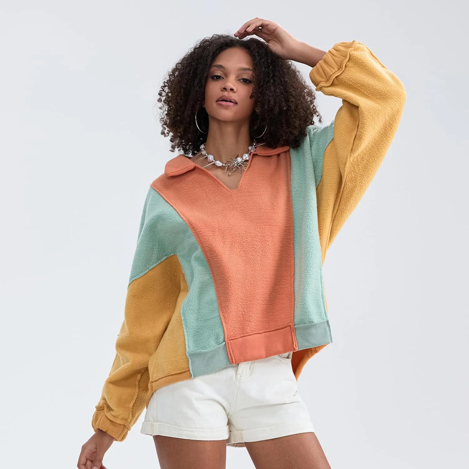 Yuemengxuan Womens Oversized Sweatshirts V-Neck Fleece Hoodies Tops Colorblock Pullover Sweaters Y2k Warm Fall Outfits