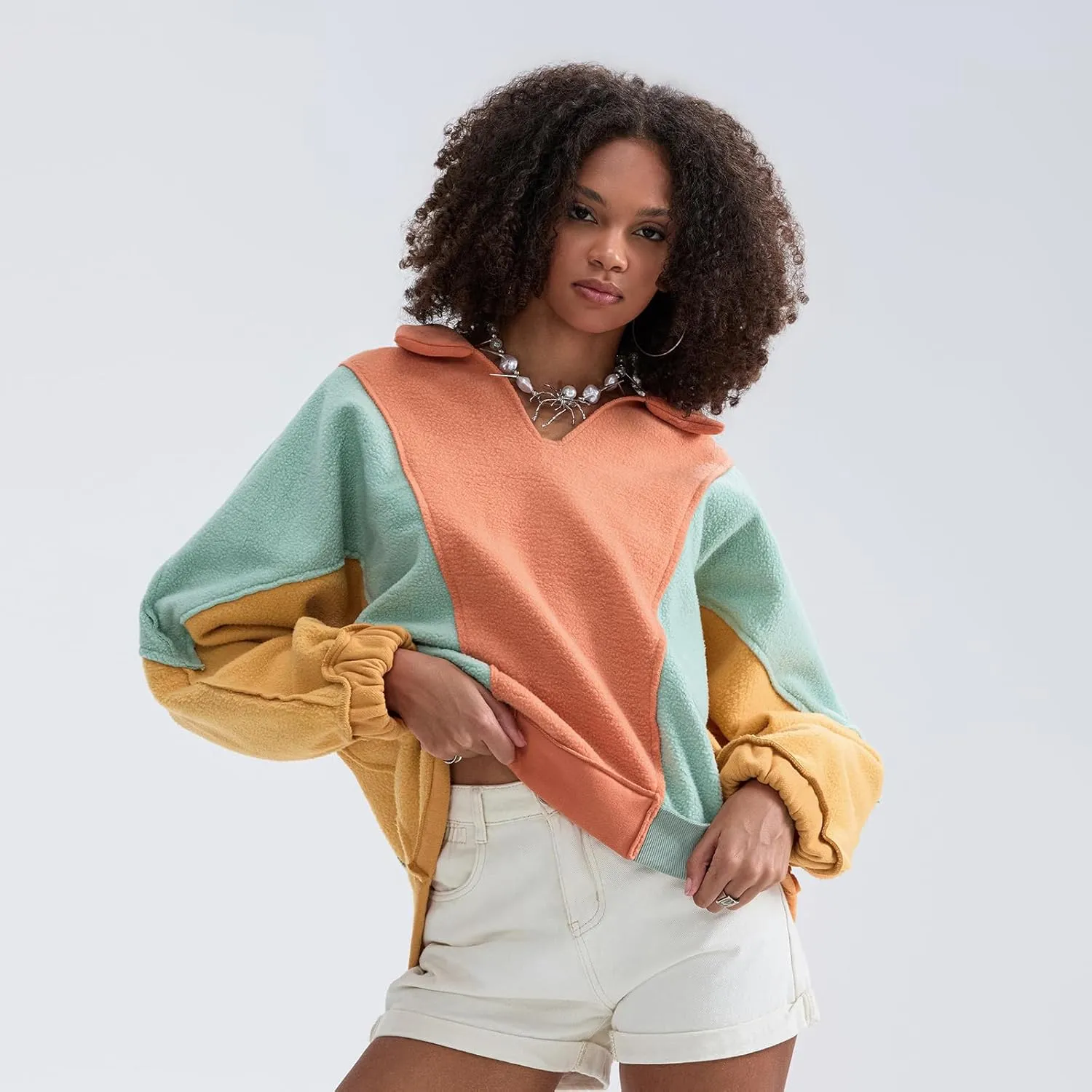 Yuemengxuan Womens Oversized Sweatshirts V-Neck Fleece Hoodies Tops Colorblock Pullover Sweaters Y2k Warm Fall Outfits