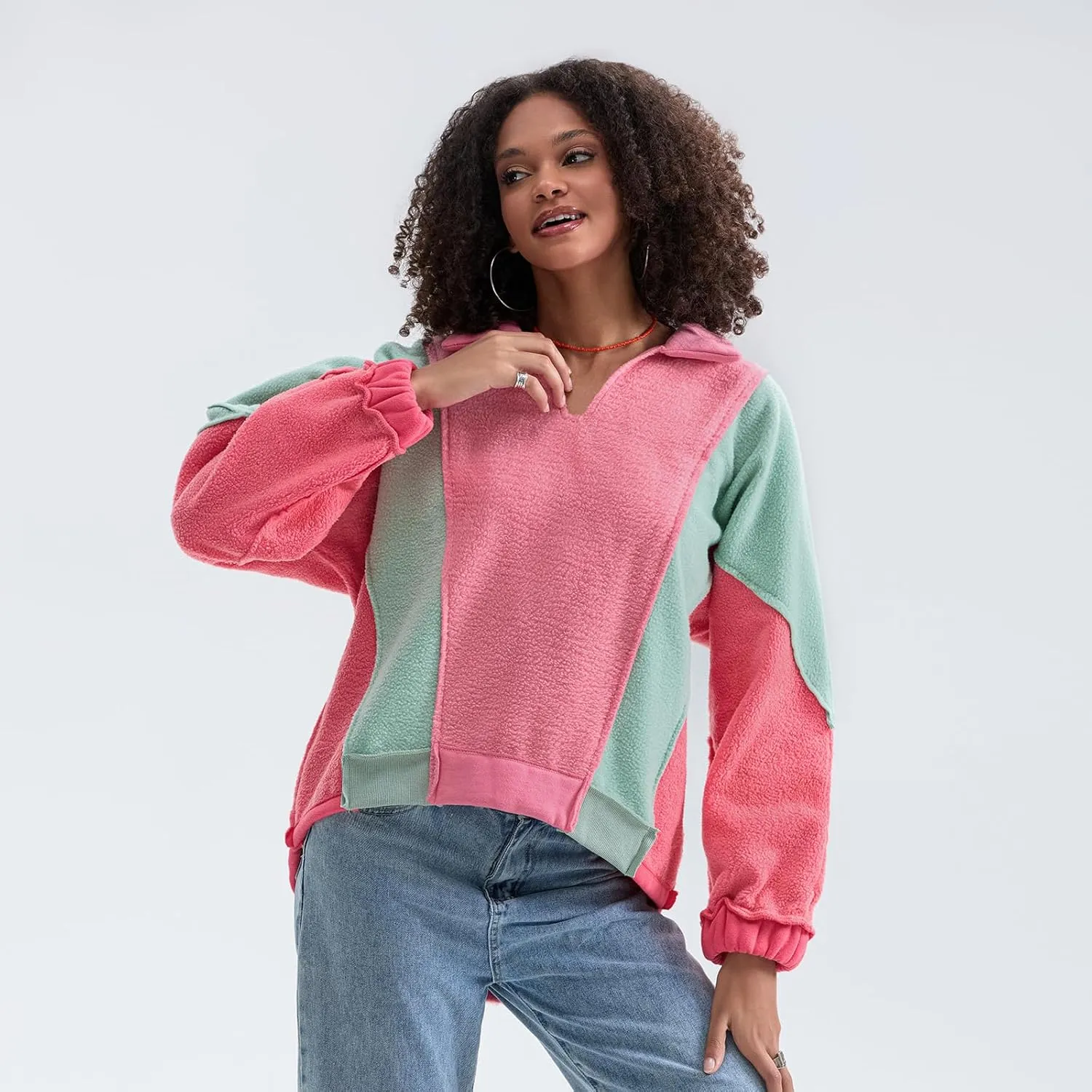 Yuemengxuan Womens Oversized Sweatshirts V-Neck Fleece Hoodies Tops Colorblock Pullover Sweaters Y2k Warm Fall Outfits