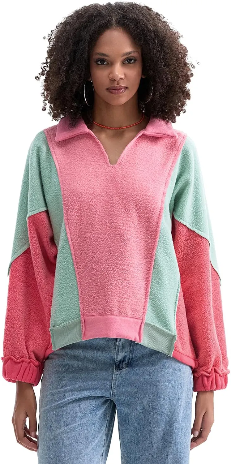 Yuemengxuan Womens Oversized Sweatshirts V-Neck Fleece Hoodies Tops Colorblock Pullover Sweaters Y2k Warm Fall Outfits