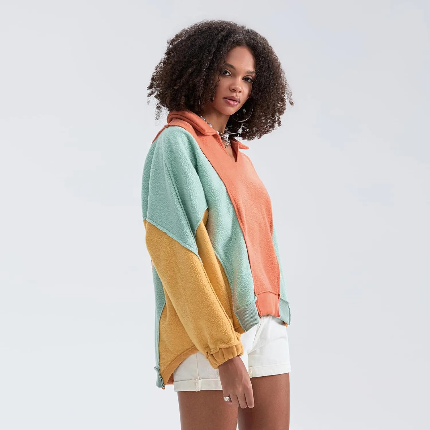 Yuemengxuan Womens Oversized Sweatshirts V-Neck Fleece Hoodies Tops Colorblock Pullover Sweaters Y2k Warm Fall Outfits