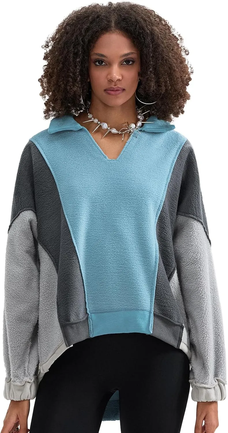 Yuemengxuan Womens Oversized Sweatshirts V-Neck Fleece Hoodies Tops Colorblock Pullover Sweaters Y2k Warm Fall Outfits