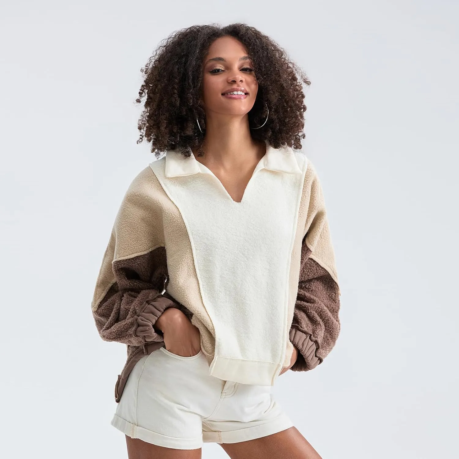 Yuemengxuan Womens Oversized Sweatshirts V-Neck Fleece Hoodies Tops Colorblock Pullover Sweaters Y2k Warm Fall Outfits