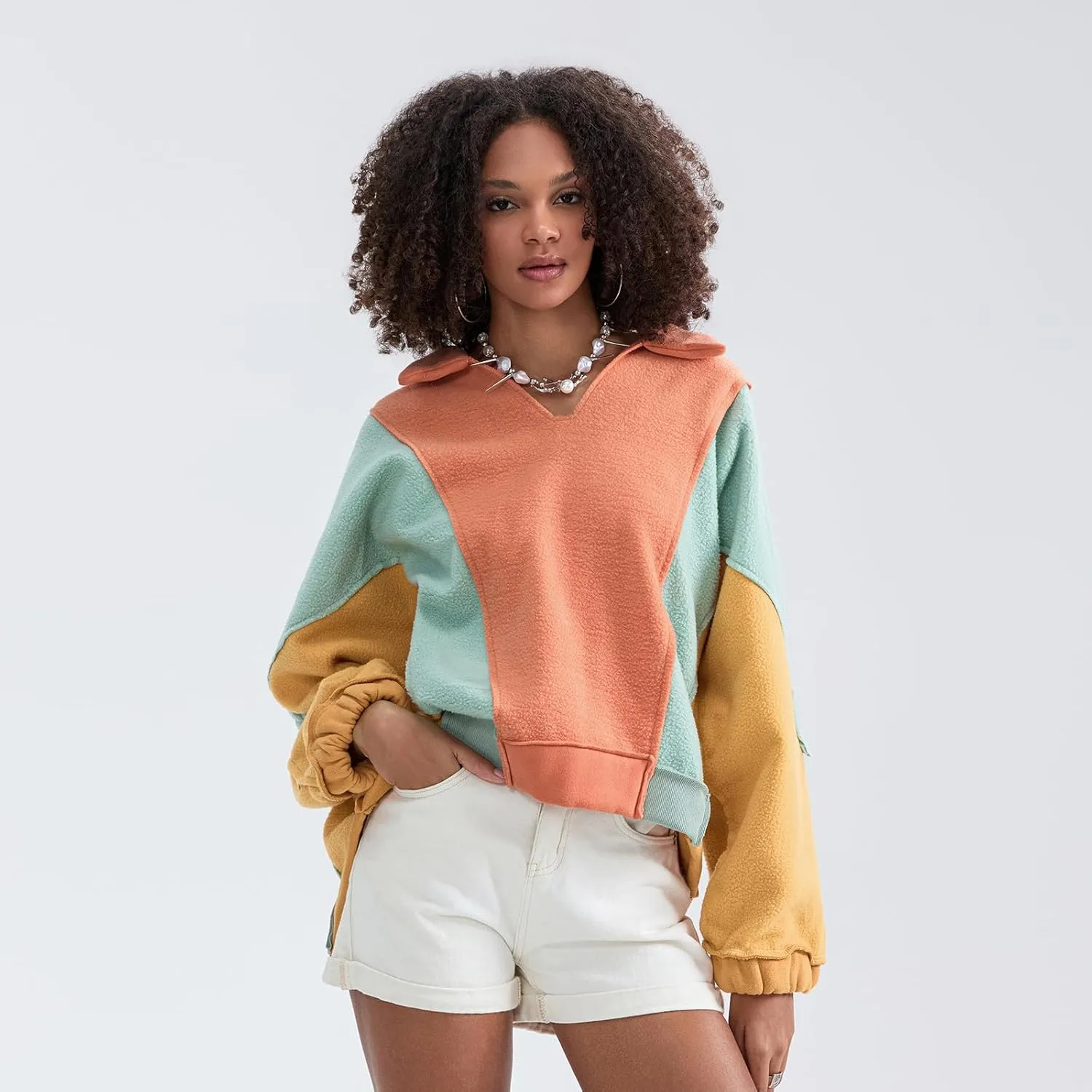 Yuemengxuan Womens Oversized Sweatshirts V-Neck Fleece Hoodies Tops Colorblock Pullover Sweaters Y2k Warm Fall Outfits