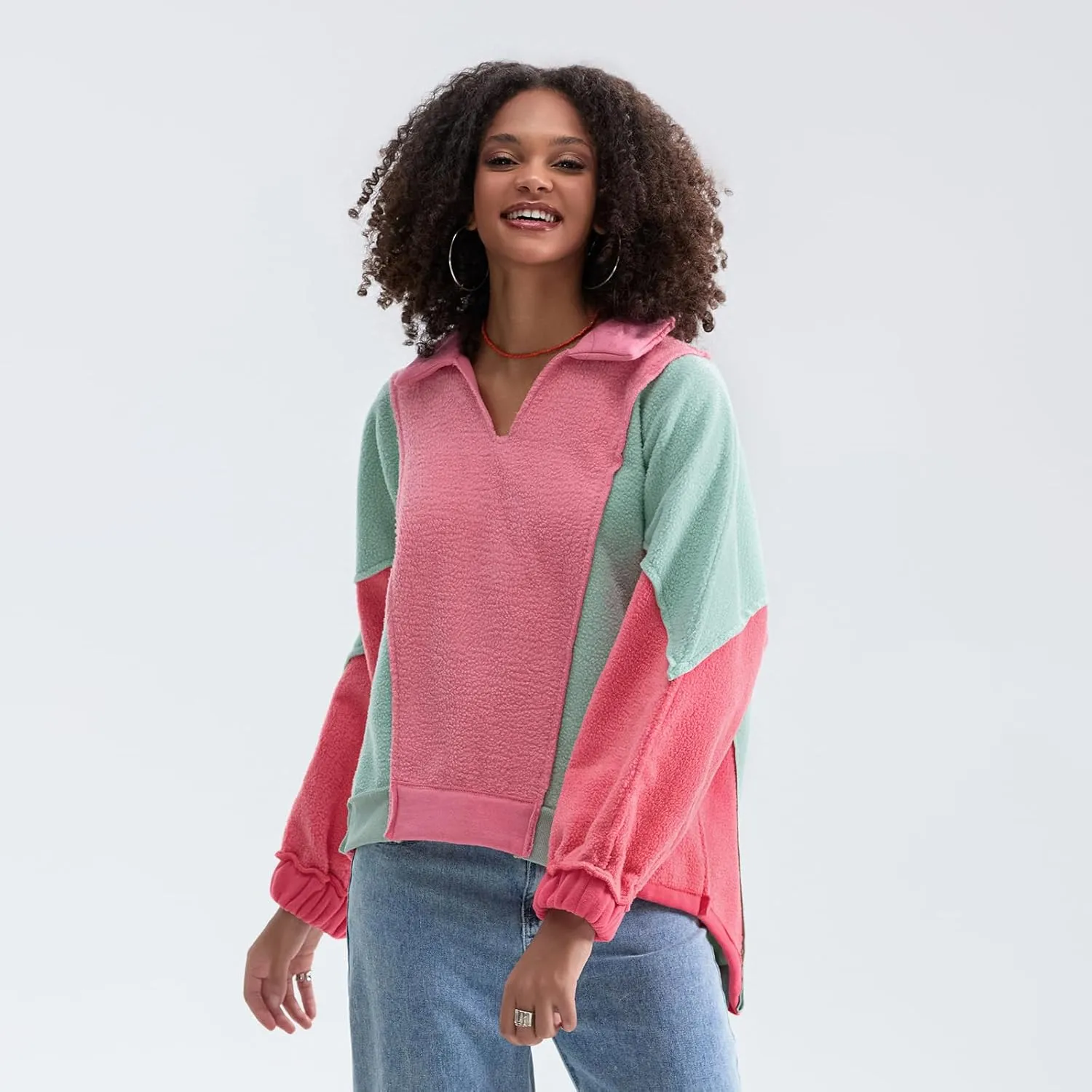 Yuemengxuan Womens Oversized Sweatshirts V-Neck Fleece Hoodies Tops Colorblock Pullover Sweaters Y2k Warm Fall Outfits