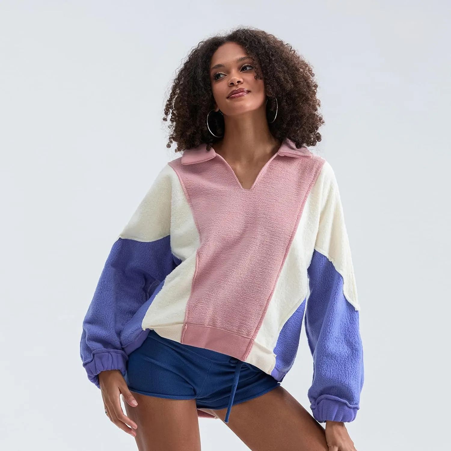 Yuemengxuan Womens Oversized Sweatshirts V-Neck Fleece Hoodies Tops Colorblock Pullover Sweaters Y2k Warm Fall Outfits