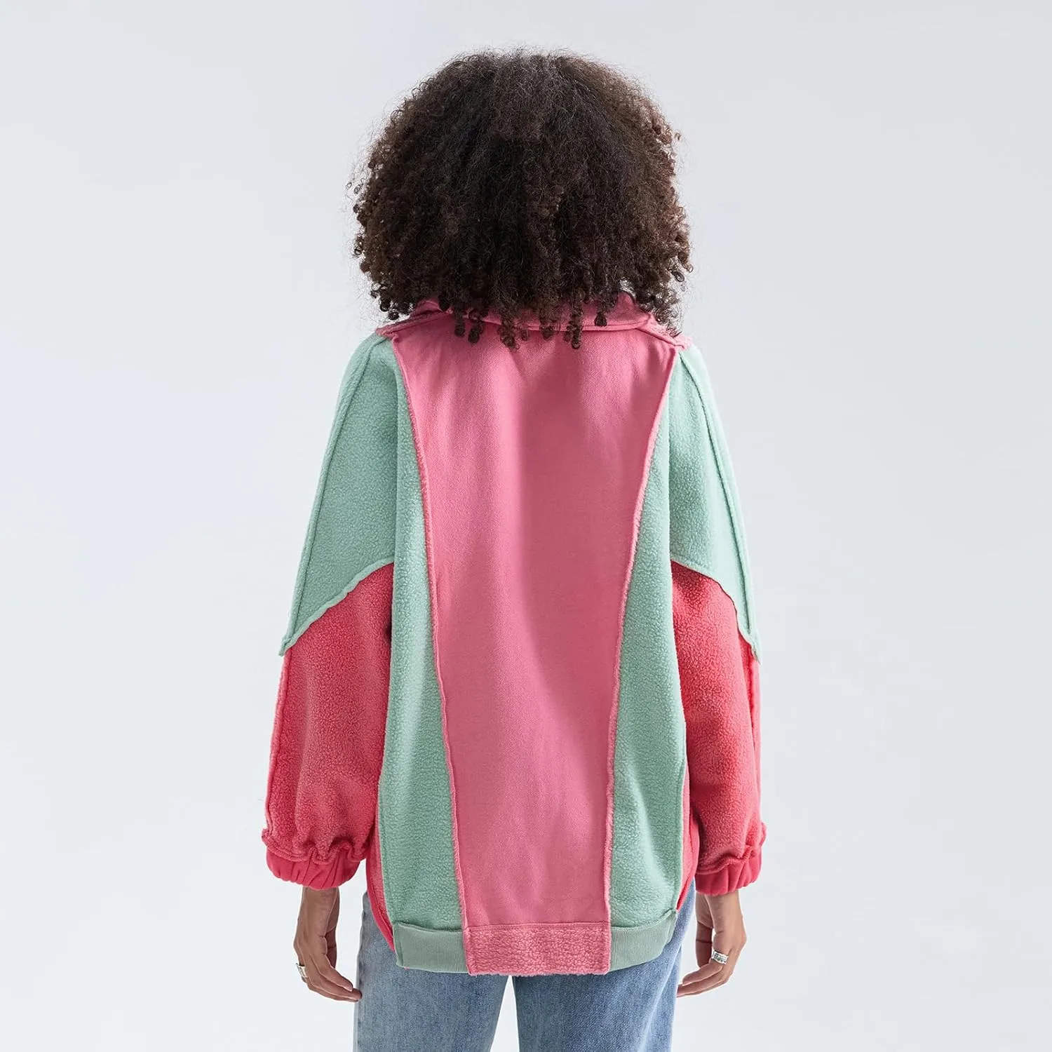 Yuemengxuan Womens Oversized Sweatshirts V-Neck Fleece Hoodies Tops Colorblock Pullover Sweaters Y2k Warm Fall Outfits