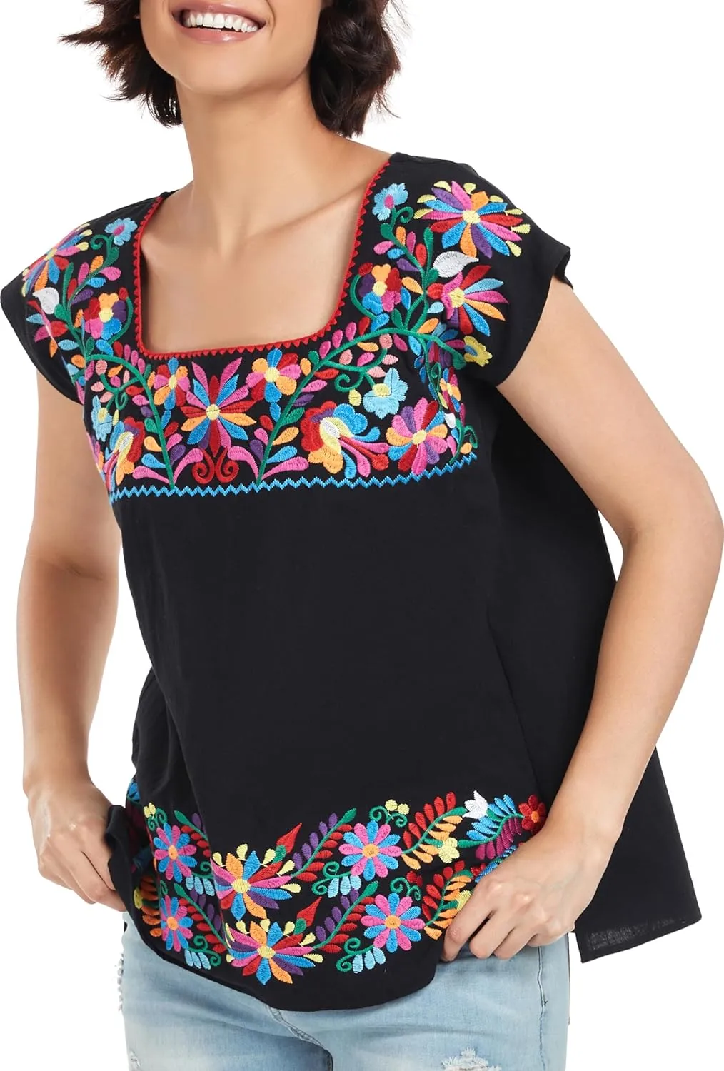 YZXDORWJ Women's Mexican Shirts Peasant Blouses Embroidered Sleeveless Boho Summer Shirt Fiesta Party Fashion Tank Top