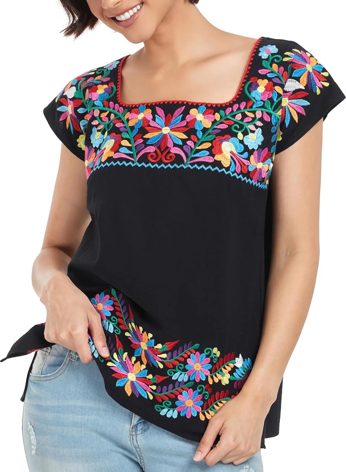 YZXDORWJ Women's Mexican Shirts Peasant Blouses Embroidered Sleeveless Boho Summer Shirt Fiesta Party Fashion Tank Top
