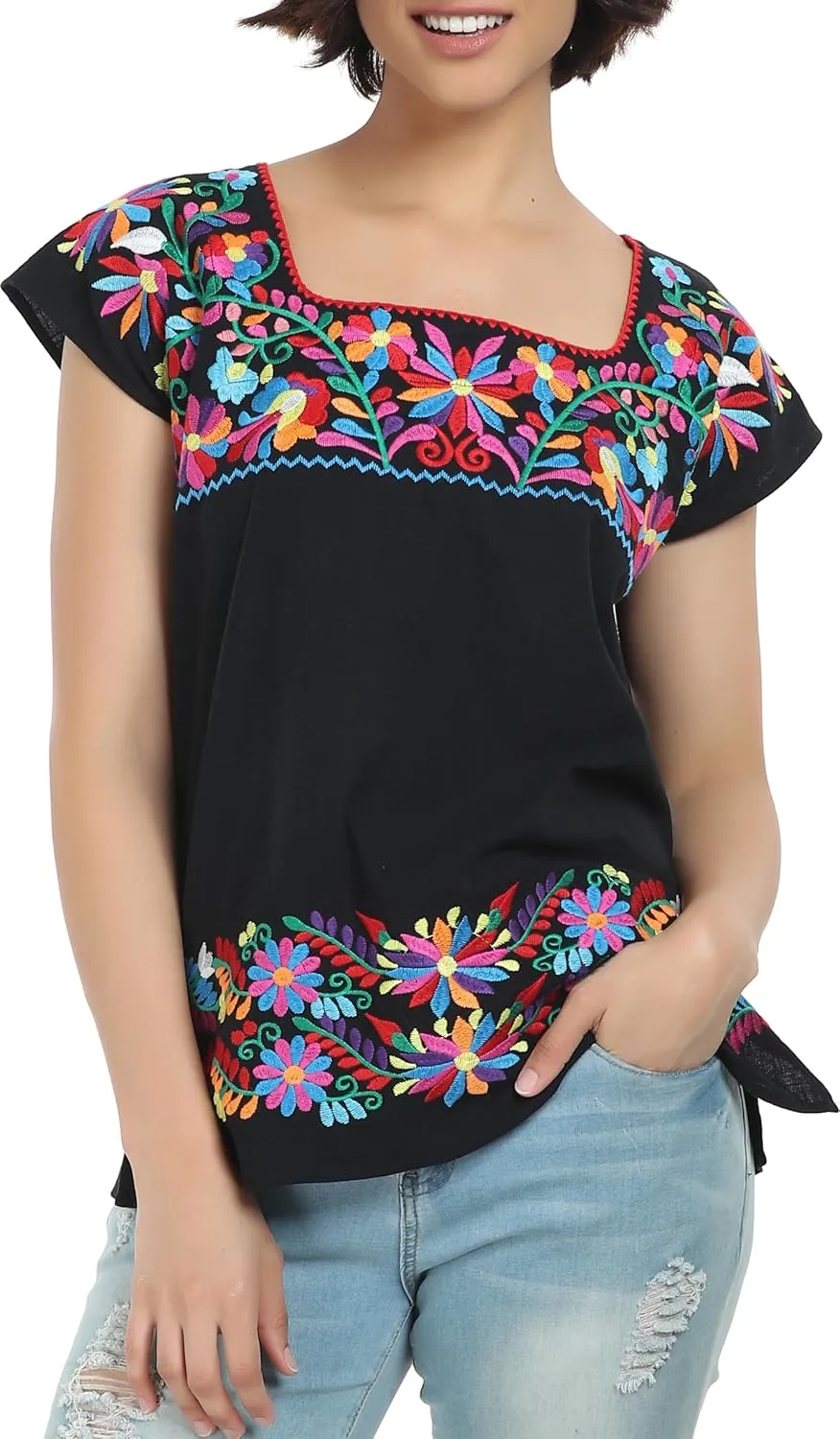 YZXDORWJ Women's Mexican Shirts Peasant Blouses Embroidered Sleeveless Boho Summer Shirt Fiesta Party Fashion Tank Top