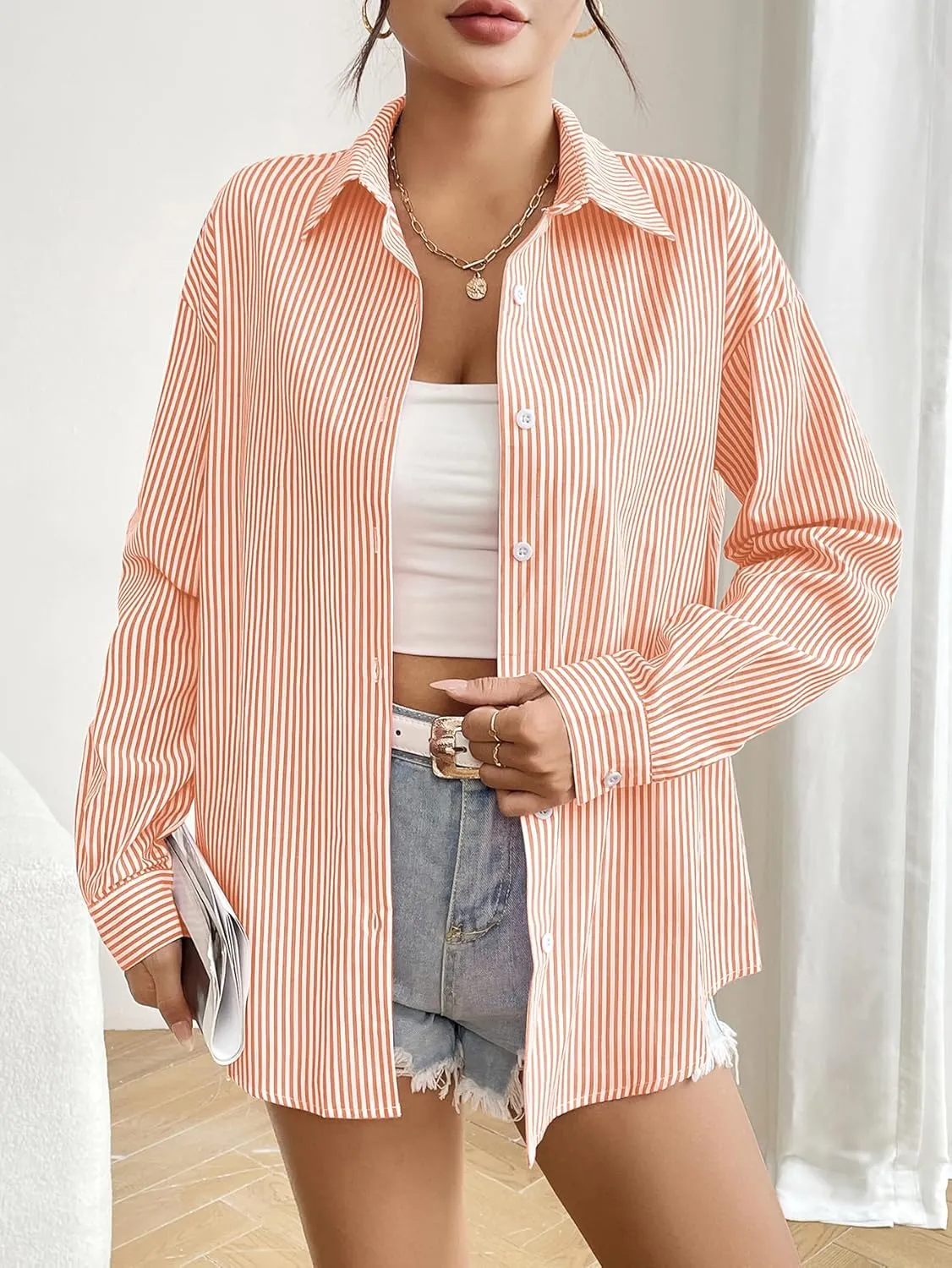 Zeagoo Striped Button Down Shirts for Women Casual Loose Long Sleeve Shirts Business Work Tunic Top