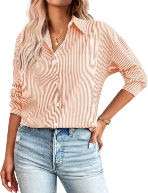 Zeagoo Striped Button Down Shirts for Women Casual Loose Long Sleeve Shirts Business Work Tunic Top