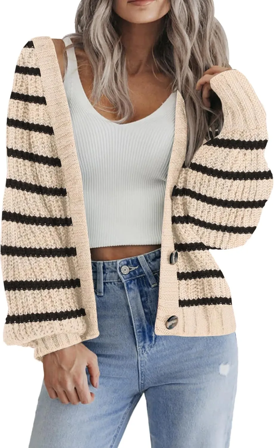 Zeagoo Women's 2025 Fall Chunky Knit Cardigans Open Front Long Sleeve V Neck Button Loose Cardigan Sweaters