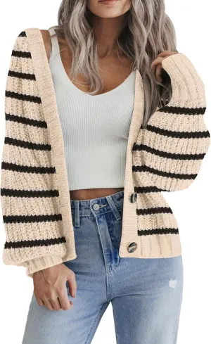 Zeagoo Women's 2025 Fall Chunky Knit Cardigans Open Front Long Sleeve V Neck Button Loose Cardigan Sweaters