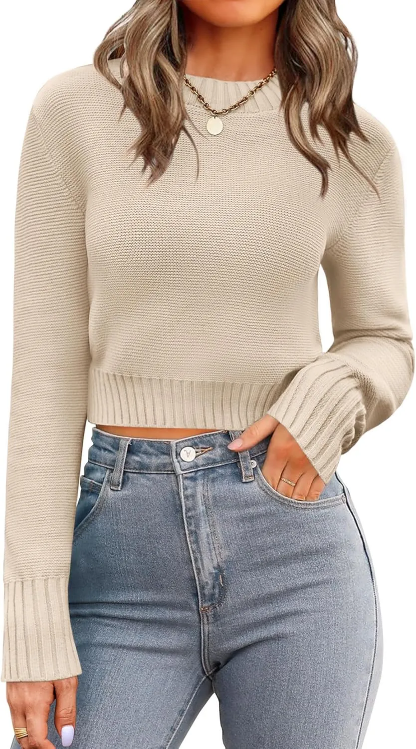 Zeagoo Women's 2025 Fall Crewneck Cropped Sweater Trendy Long Sleeve Ribbed Knit Pullover Jumper Tops
