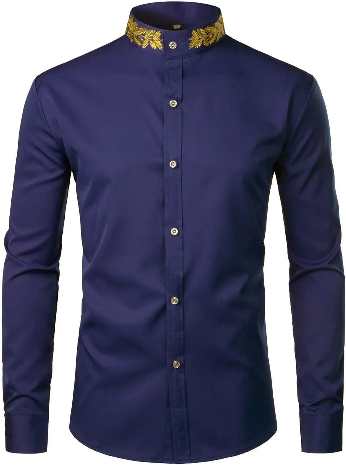 ZEROYAA Mens Hipster Gold Embroidery Mandarin Collar Slim Fit Long Sleeve Casual Dress Shirts