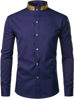 ZEROYAA Mens Hipster Gold Embroidery Mandarin Collar Slim Fit Long Sleeve Casual Dress Shirts