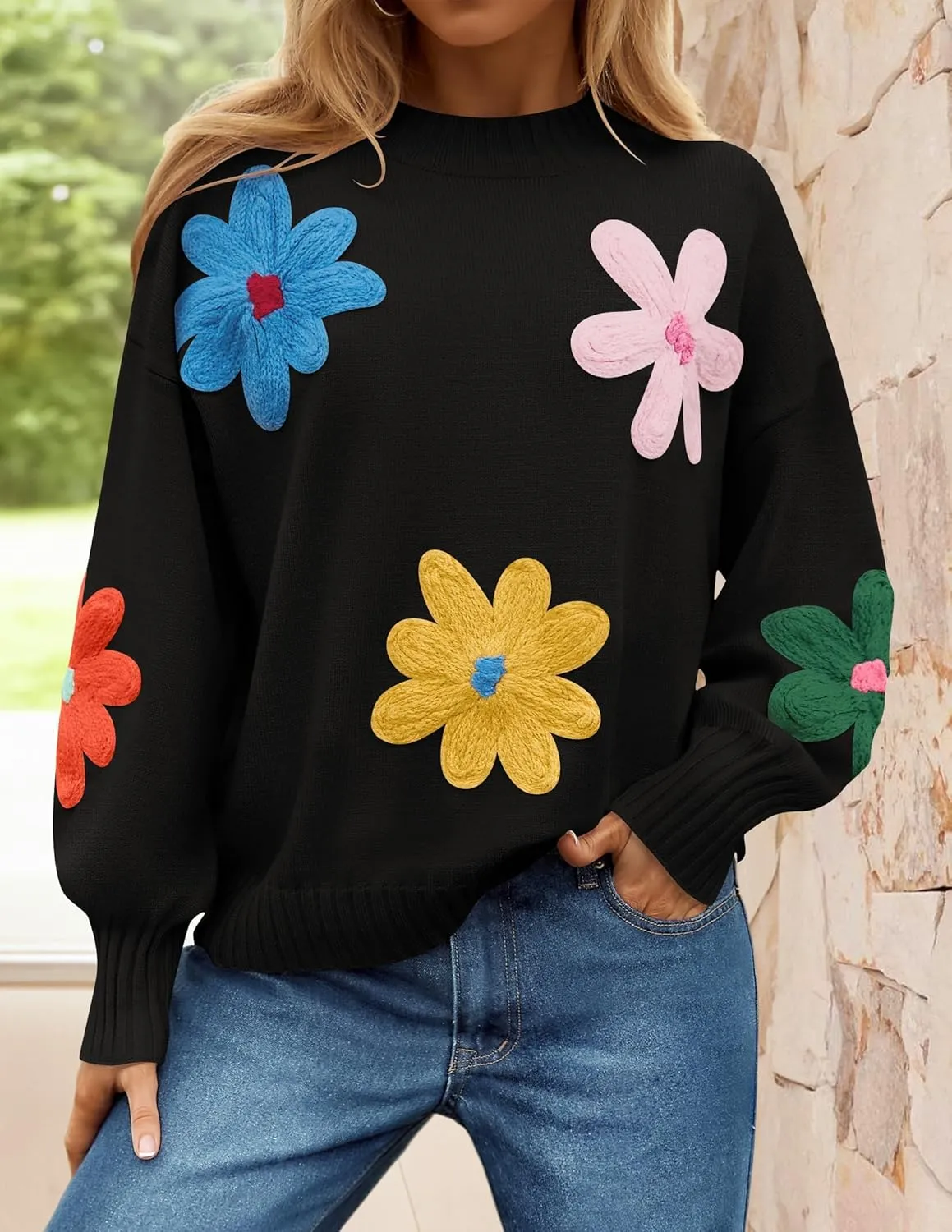 ZESICA Women's Long Puff Sleeve Sweaters Casual Crewneck Ribbed Knit Flower Color Block Loose Pullover Tops