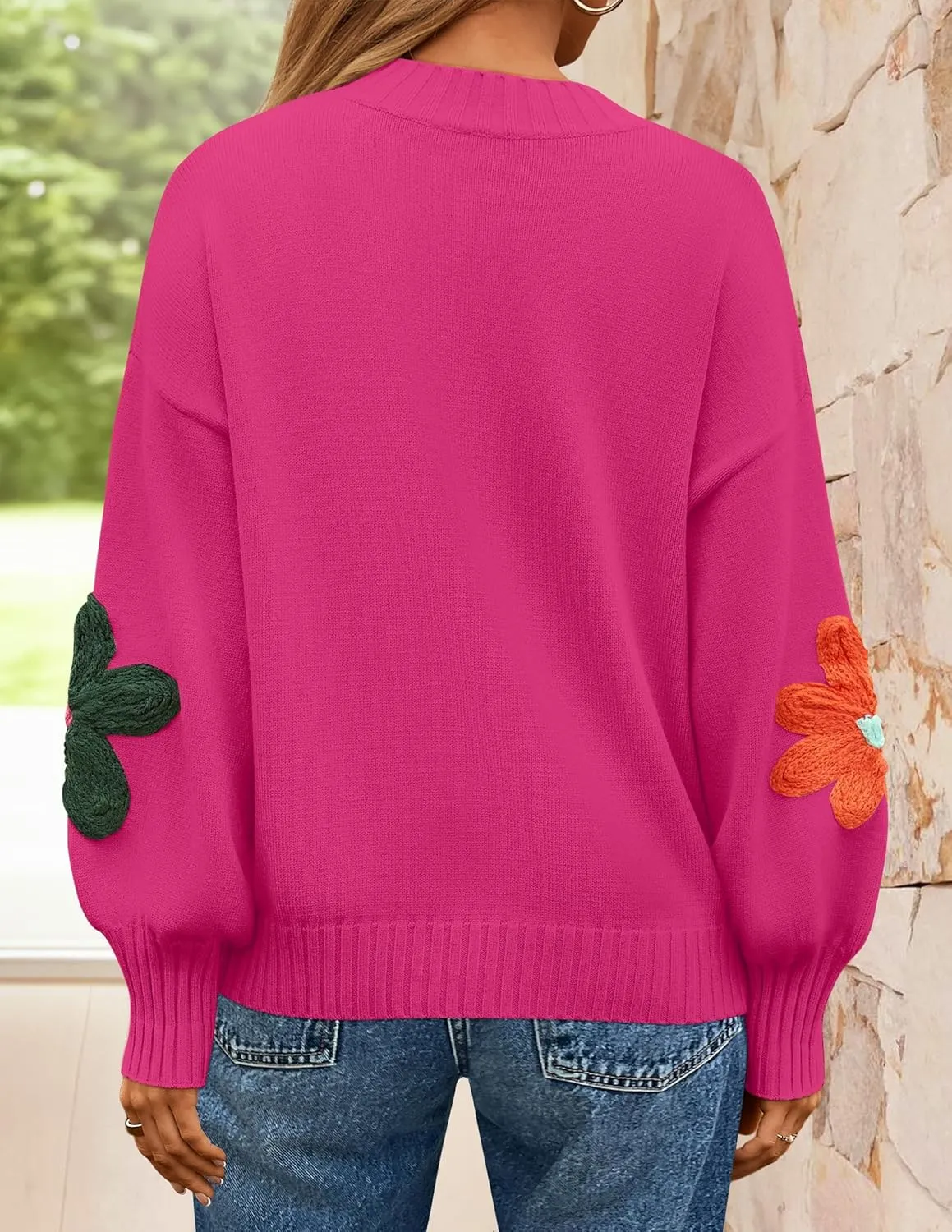 ZESICA Women's Long Puff Sleeve Sweaters Casual Crewneck Ribbed Knit Flower Color Block Loose Pullover Tops