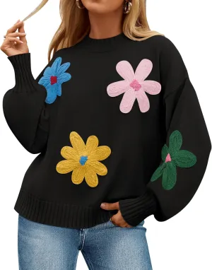 ZESICA Women's Long Puff Sleeve Sweaters Casual Crewneck Ribbed Knit Flower Color Block Loose Pullover Tops