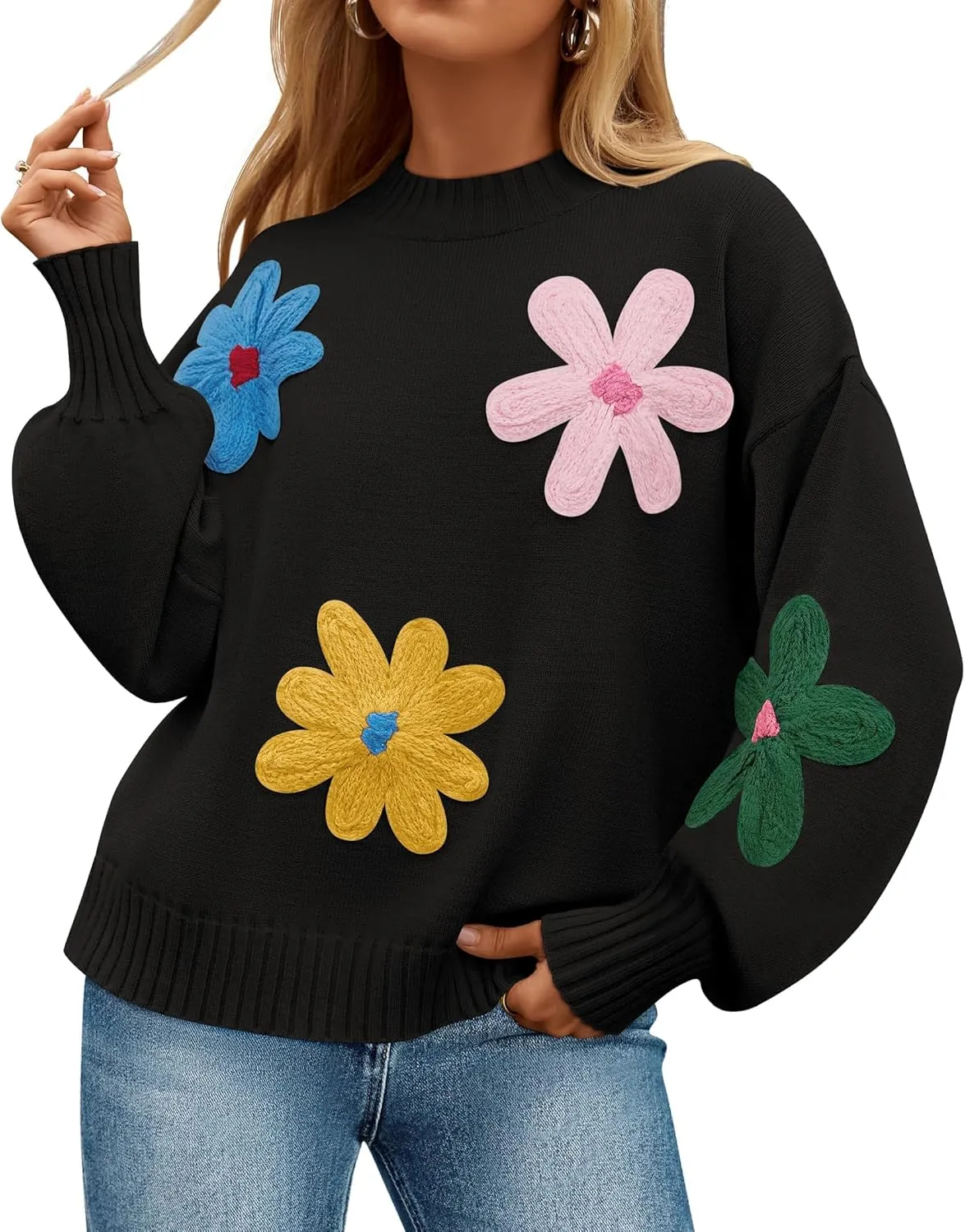 ZESICA Women's Long Puff Sleeve Sweaters Casual Crewneck Ribbed Knit Flower Color Block Loose Pullover Tops