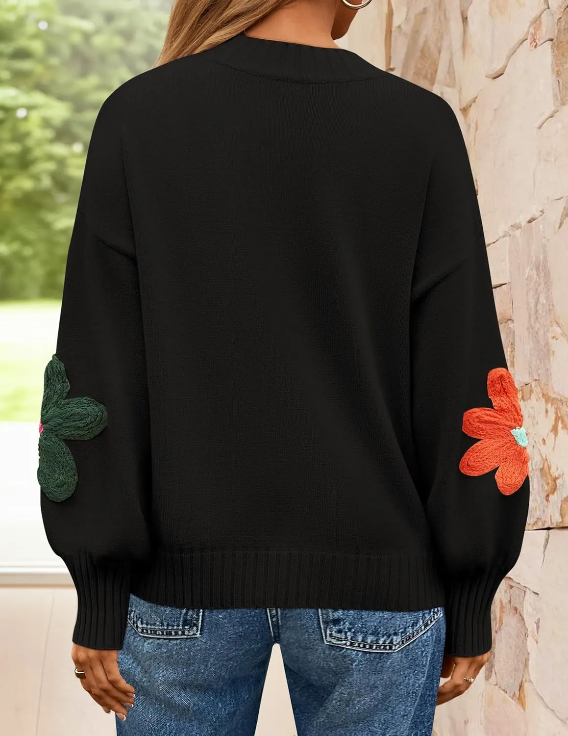 ZESICA Women's Long Puff Sleeve Sweaters Casual Crewneck Ribbed Knit Flower Color Block Loose Pullover Tops