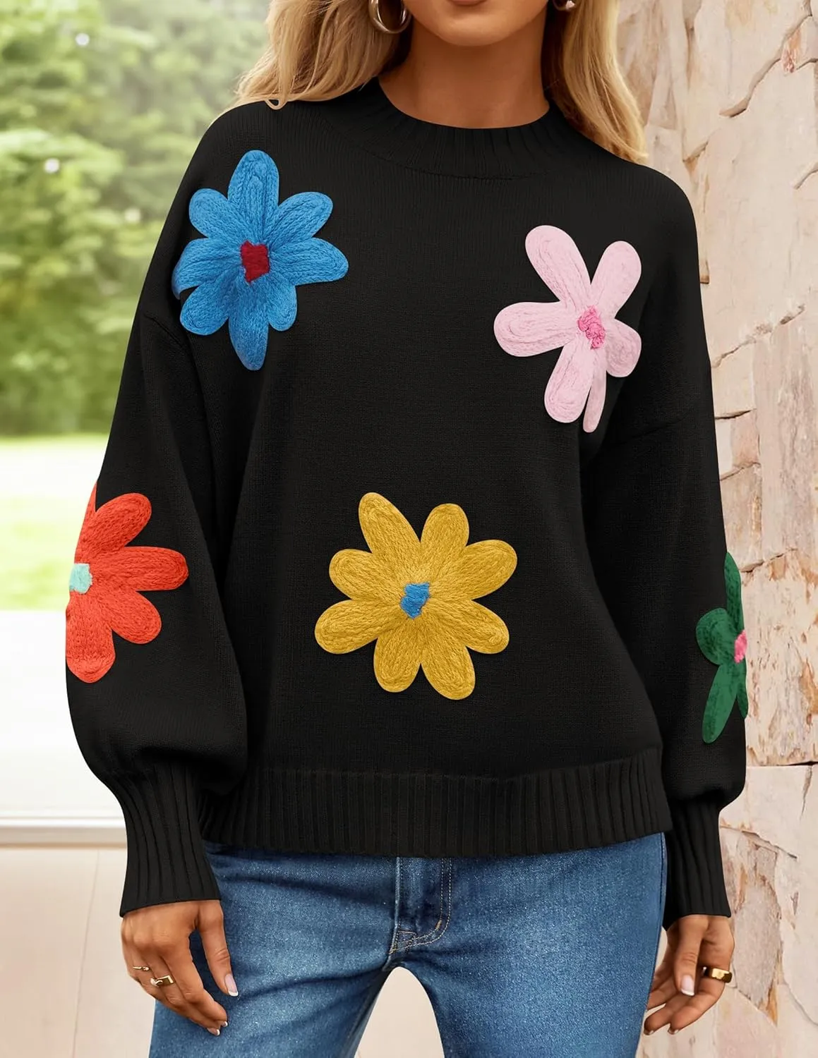 ZESICA Women's Long Puff Sleeve Sweaters Casual Crewneck Ribbed Knit Flower Color Block Loose Pullover Tops