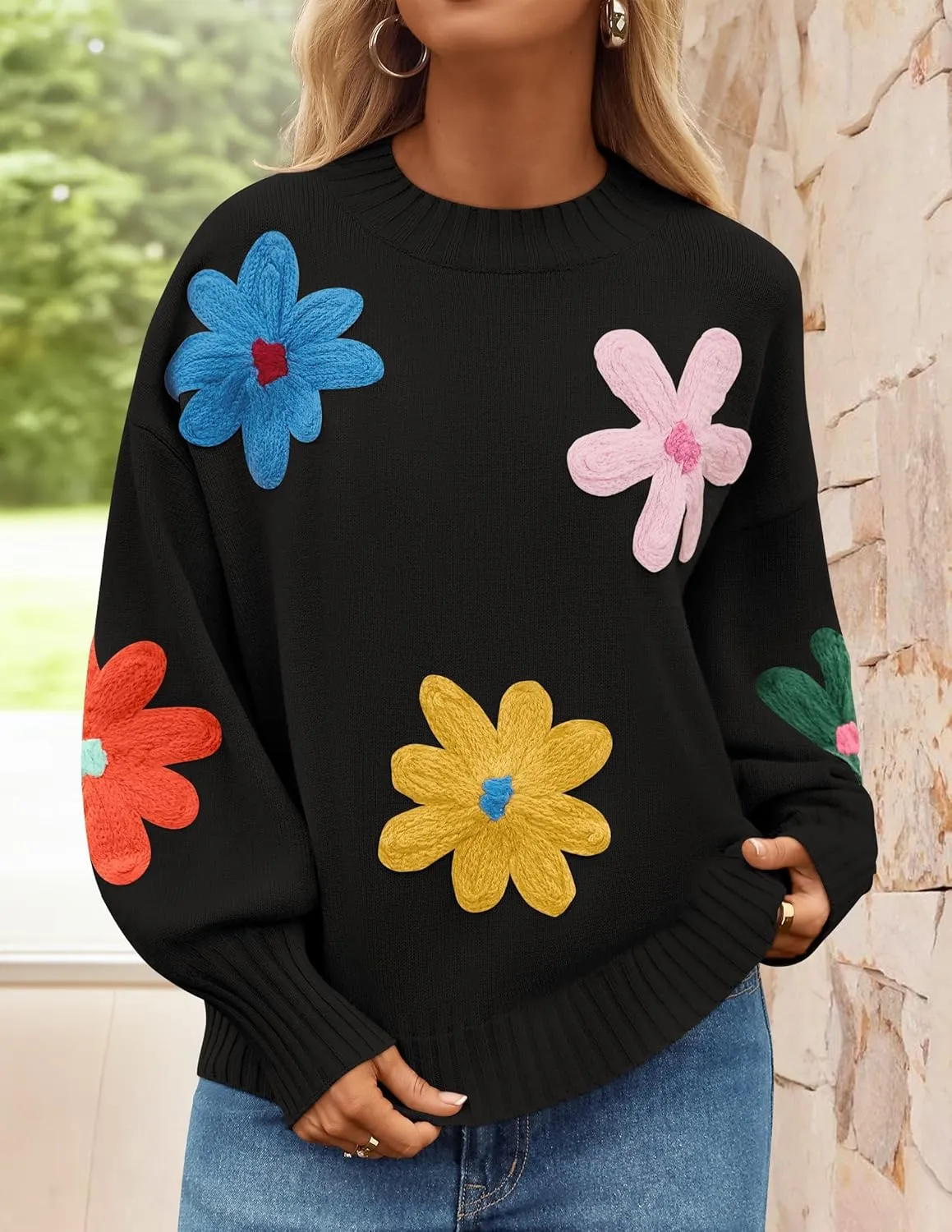 ZESICA Women's Long Puff Sleeve Sweaters Casual Crewneck Ribbed Knit Flower Color Block Loose Pullover Tops