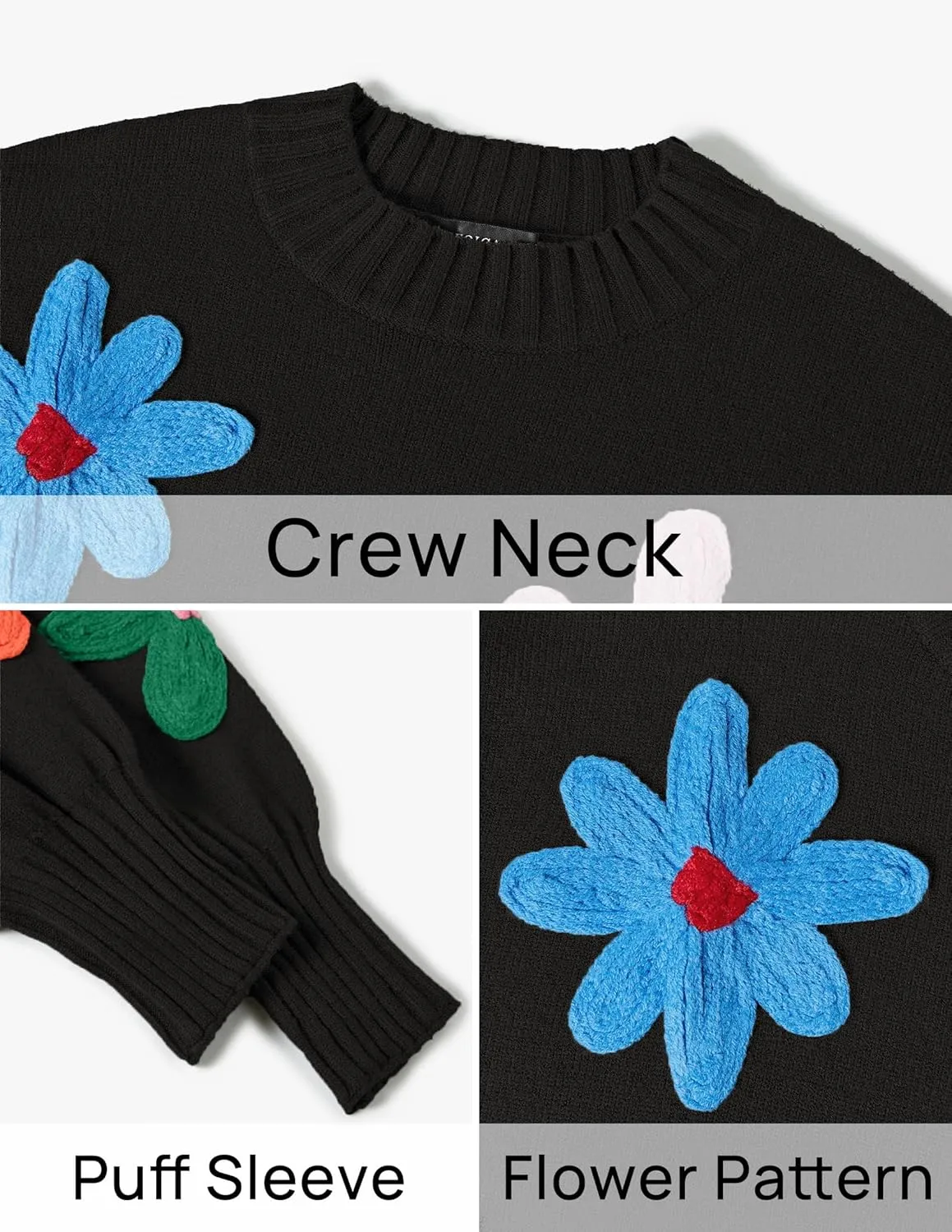 ZESICA Women's Long Puff Sleeve Sweaters Casual Crewneck Ribbed Knit Flower Color Block Loose Pullover Tops