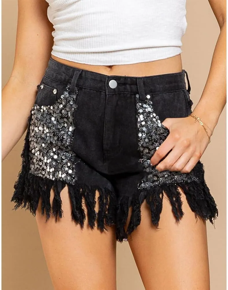 ZOCAVIA Womens Casual High Waisted Tassels Denim Shorts Glitter Sequin Fringe Shorts Summer Stretchy Raw Hem Short Pants