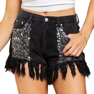 ZOCAVIA Womens Casual High Waisted Tassels Denim Shorts Glitter Sequin Fringe Shorts Summer Stretchy Raw Hem Short Pants